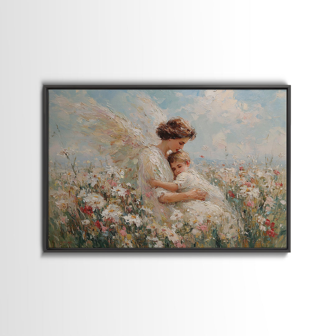 Sunlit Guardian Angel Embracing Child In Wildflower Meadow Canvas Print, Christian Wall Art, Motherhood Gift, Nursery Decor