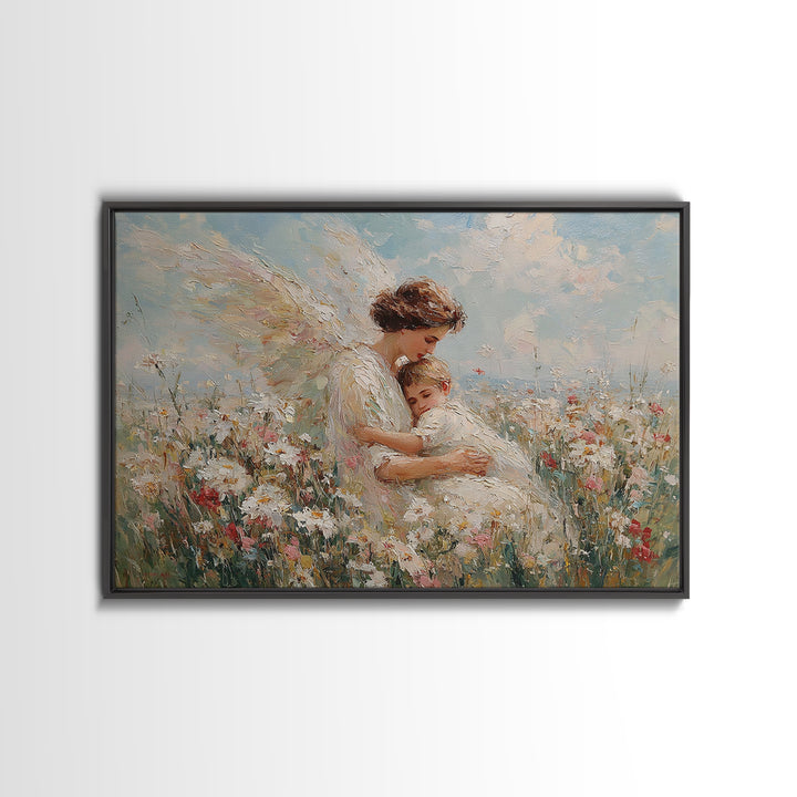 Sunlit Guardian Angel Embracing Child In Wildflower Meadow Canvas Print, Christian Wall Art, Motherhood Gift, Nursery Decor