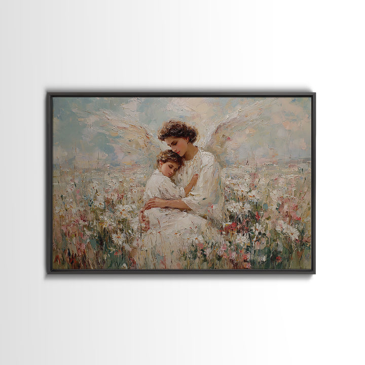 Pastel Guardian Angel Holding Child In Blooming Meadow Wall Art, Christian Nursery Decor, Motherhood Gift, Framed Art Print