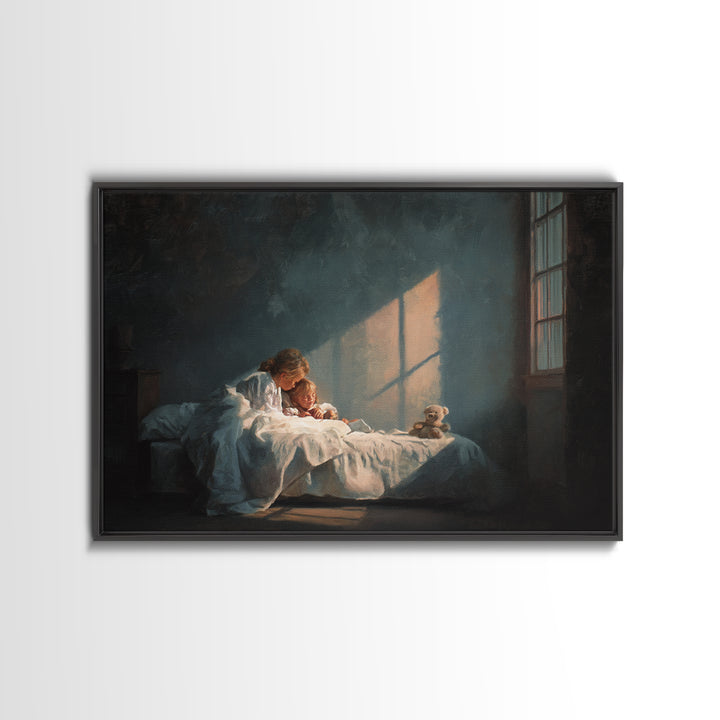 Bedtime Mother And Child In Moonlit Bedroom Framed Canvas Print, Nursery Wall Art, Cozy Home Decor, Mothers Day Gift, Bedroom Decor