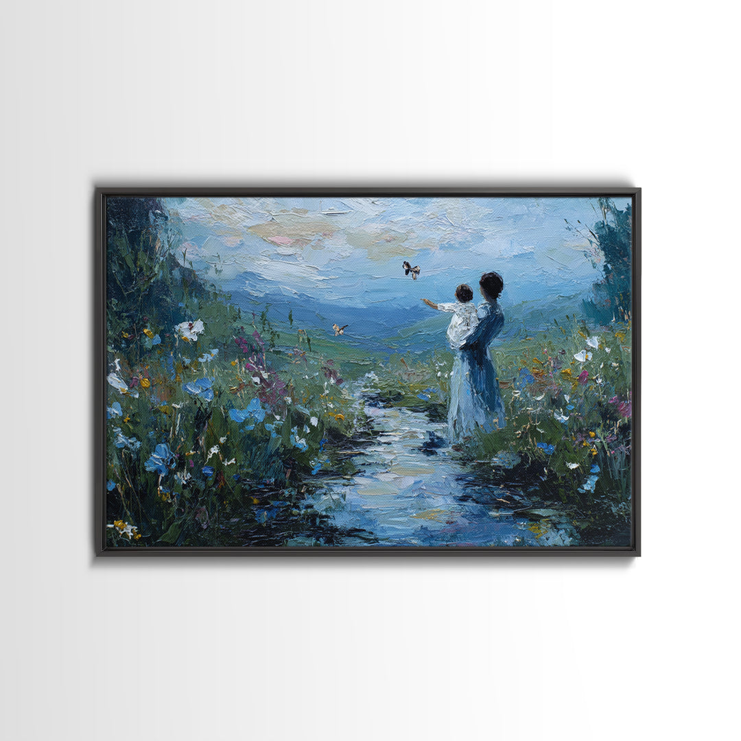 Mother And Child Watching Butterflies By Mountain Stream Canvas Print, Nature Wall Art, Christian Nursery Decor, Housewarming Gift