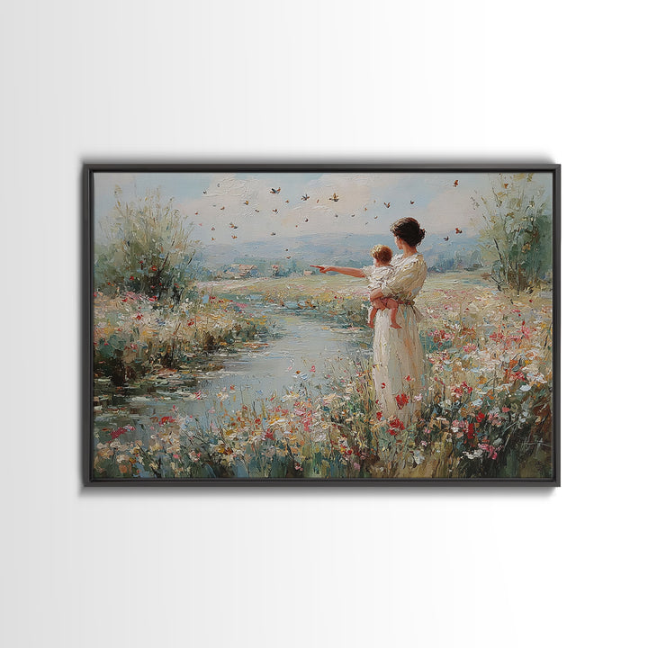 Mother And Baby Beside River Pointing At Butterflies Wall Art, Landscape Painting, Christian Nursery Decor, Gift For Mom