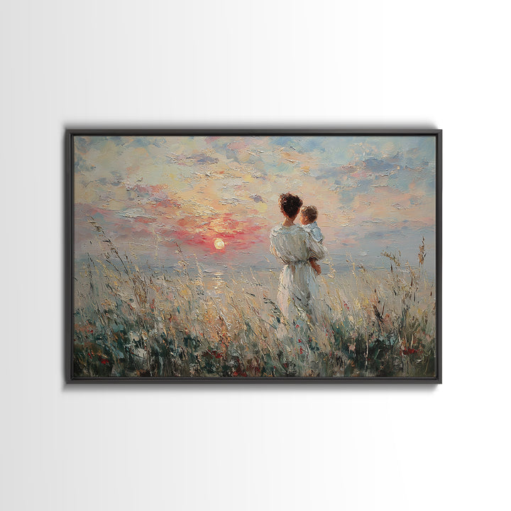 Mother And Baby Watching Ocean Sunset Canvas Print, Coastal Wall Art, Seascape Painting, Nursery Decor, Gift For Her, Bedroom Decor