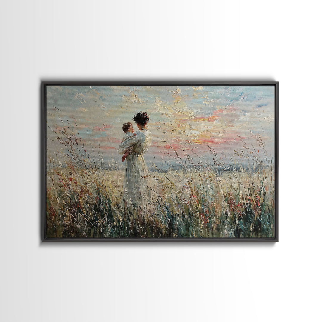 Mother Holding Baby In Wild Grass Framed Canvas Print, Coastal Wall Art, Impressionist Nursery Decor, Gift For Her, Home Decor