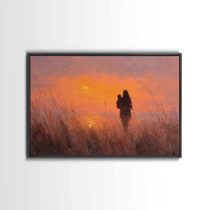 Mother And Baby Silhouette At Orange Sunset Wall Art, Warm Landscape Painting, Mothers Day Gift, Bedroom Decor, Boho Wall Decor