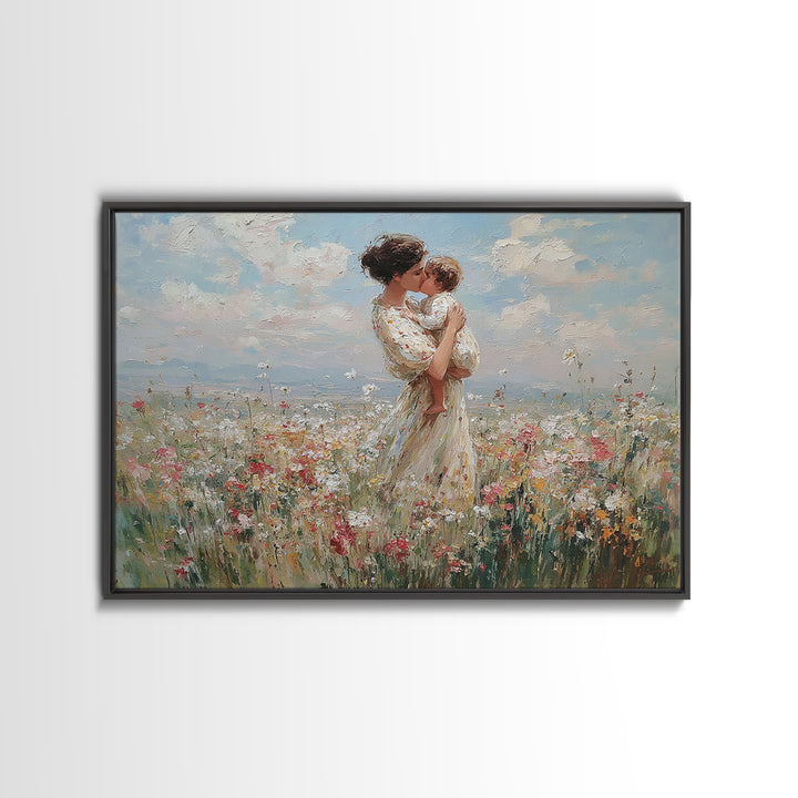 Mother Holding Toddler In Pastel Wildflower Field Framed Canvas Print, Floral Wall Art, Nursery Decor, Mothers Day Gift, Gift For Her