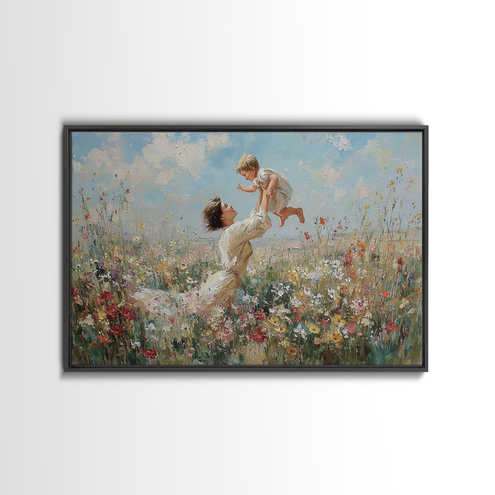 Mother Raising Baby Above White Wildflowers Framed Canvas Print, Impressionist Meadow Wall Art, Nursery Decor, Gift For Mom
