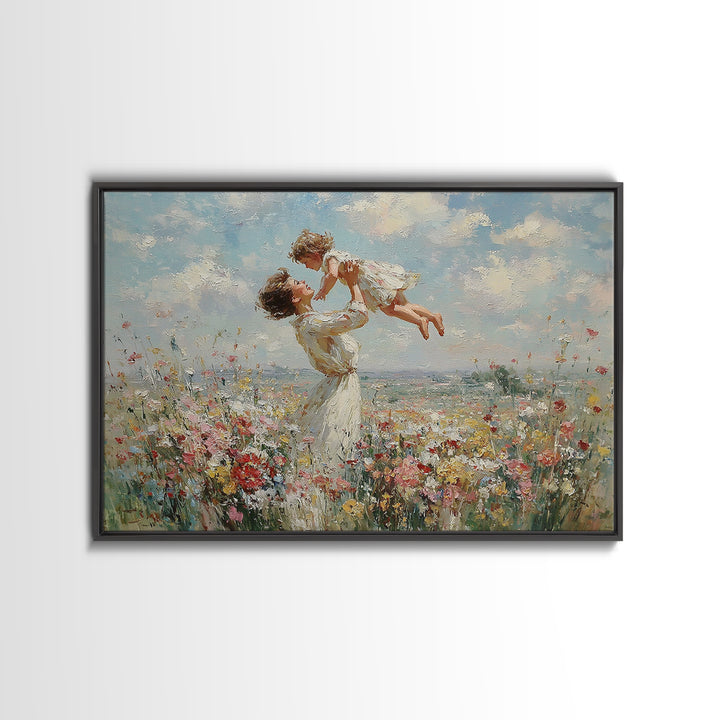 Mother Holding Child Over Blooming Meadow Wall Art, Impressionist Floral Landscape Canvas Print, Nursery Decor, Gift For Mom
