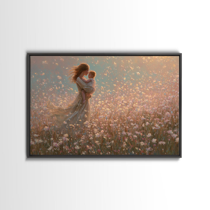 Mother Holding Baby In Pink Wildflower Field Wall Art, Romantic Impressionist Canvas Print, Nursery Decor, Gift For Mom, Feminine Art