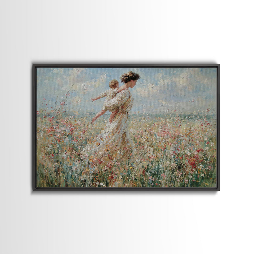 Mother Carrying Child Across Breezy Wildflower Field Wall Art, Impressionist Floral Landscape Canvas Print, Gift For Mom