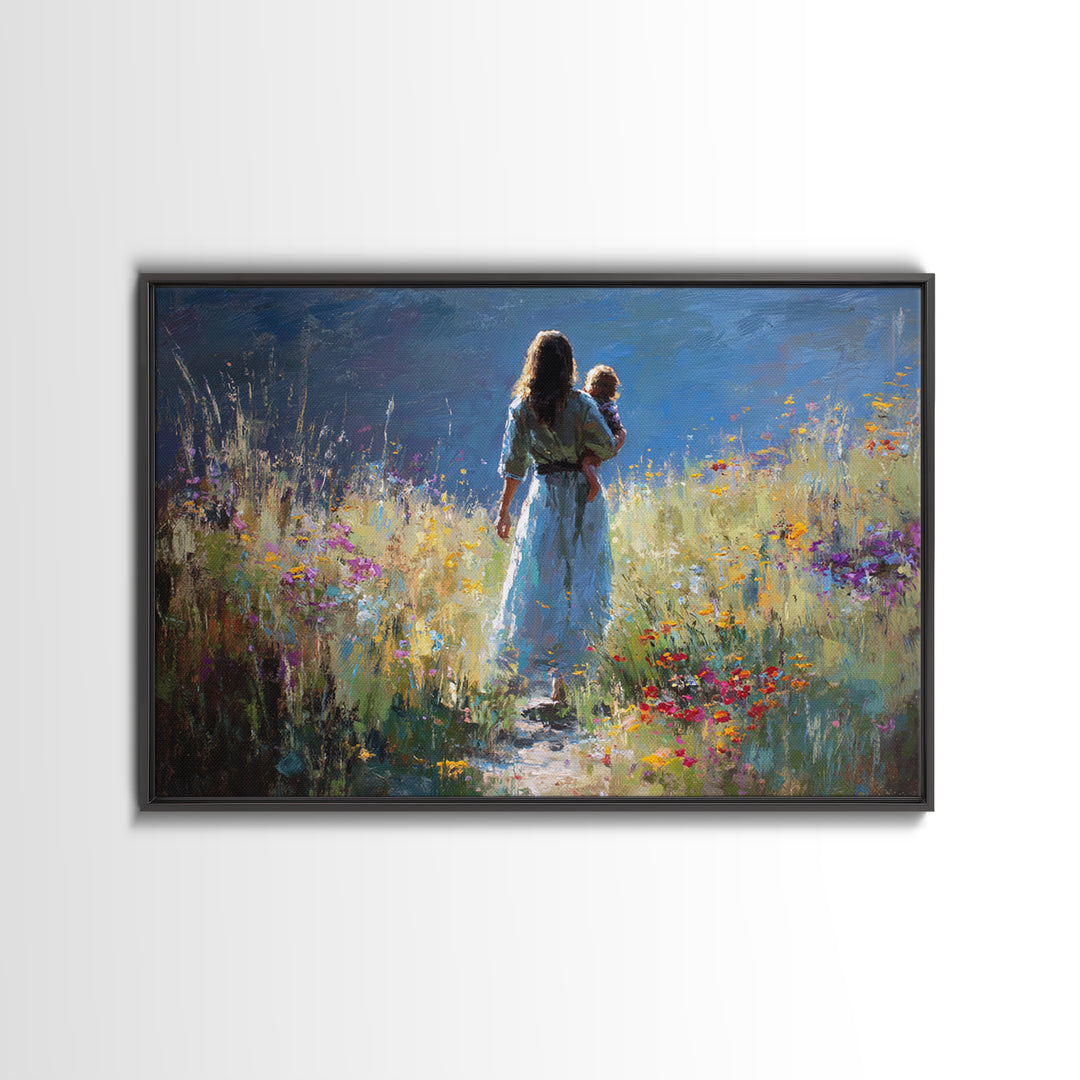 Mother And Child On Wildflower Path Wall Art, Impressionist Oil Painting Print, Feminine Nursery Decor, Gift For Mom, Living Room Decor