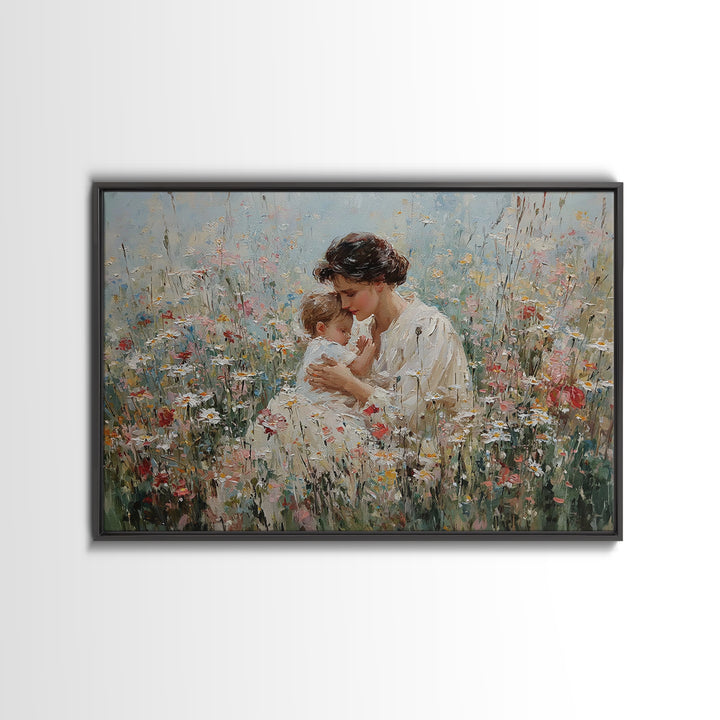Seated Mother Cuddling Baby In Flower Field Wall Art, Impressionist Oil Painting Print, Feminine Nursery Decor, Gift For Mom