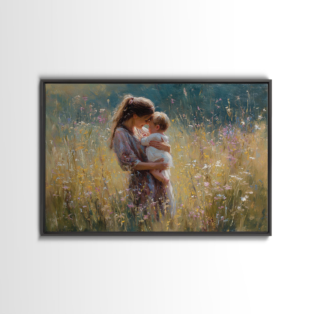 Sunlit Mother Holding Baby In Golden Meadow Framed Canvas Print, Impressionist Floral Painting, Nursery Wall Art, Gift For Her