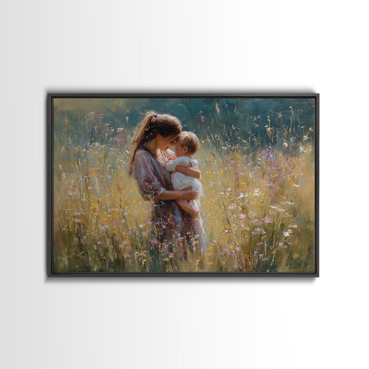 Sunlit Mother Holding Baby In Golden Meadow Framed Canvas Print, Impressionist Floral Painting, Nursery Wall Art, Gift For Her