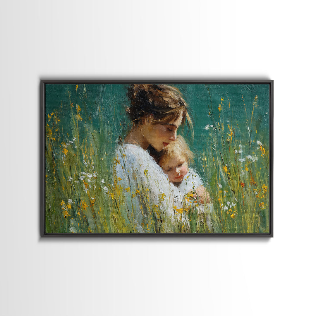 Tender Mother And Child Portrait In Green Meadow Wall Art, Impressionist Oil Painting, Feminine Nursery Decor, Gift For Mom