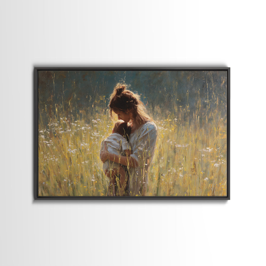 Backlit Mother Nursing Baby In Golden Grass Wall Art, Moody Impressionist Oil Painting Print, Feminine Bedroom Decor, Gift For Mom