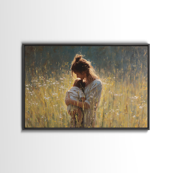 Backlit Mother Nursing Baby In Golden Grass Wall Art, Moody Impressionist Oil Painting Print, Feminine Bedroom Decor, Gift For Mom