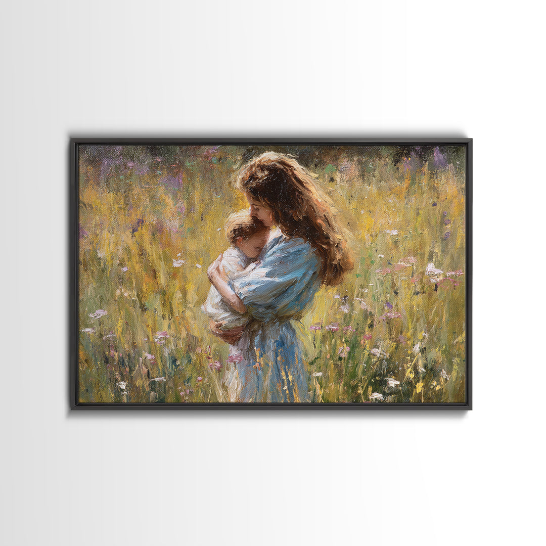 Long Haired Mother Cradling Baby In Wildflower Field Canvas Print, Impressionist Oil Painting, Feminine Wall Decor, Gift For Her
