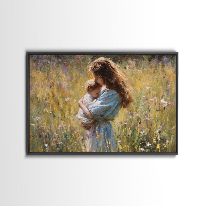 Long Haired Mother Cradling Baby In Wildflower Field Canvas Print, Impressionist Oil Painting, Feminine Wall Decor, Gift For Her