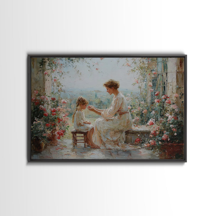 Mother And Daughter Garden Terrace Wall Art, Floral Impressionist Canvas, Nursery Decor, Gift For Mom, Bedroom Wall Decor