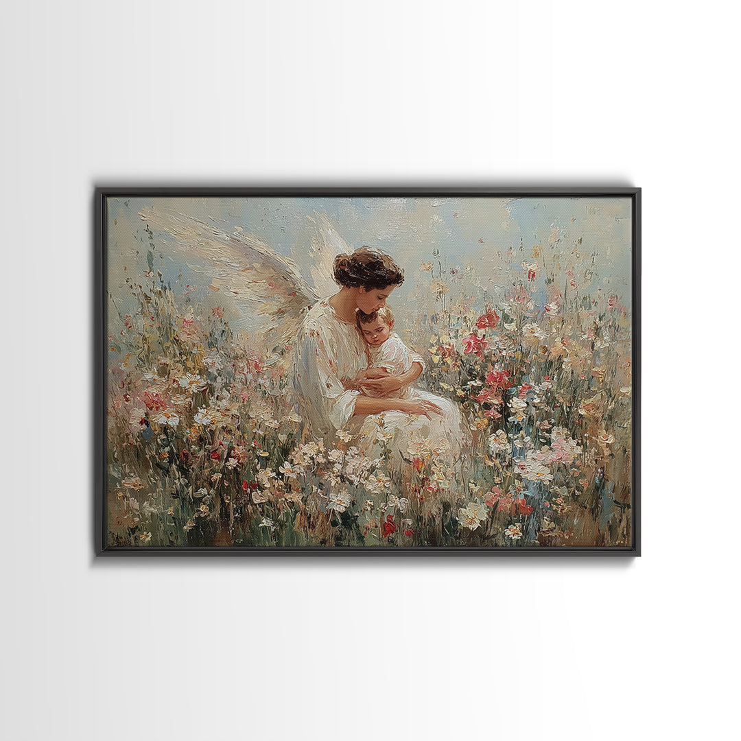 Guardian Angel Holding Baby Framed Canvas Print, Floral Meadow Wall Art, Christian Nursery Decor, Baptism Gift For Mom, Newborn Gift