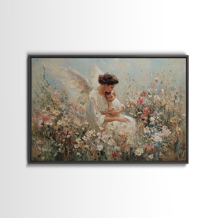 Guardian Angel Holding Baby Framed Canvas Print, Floral Meadow Wall Art, Christian Nursery Decor, Baptism Gift For Mom, Newborn Gift