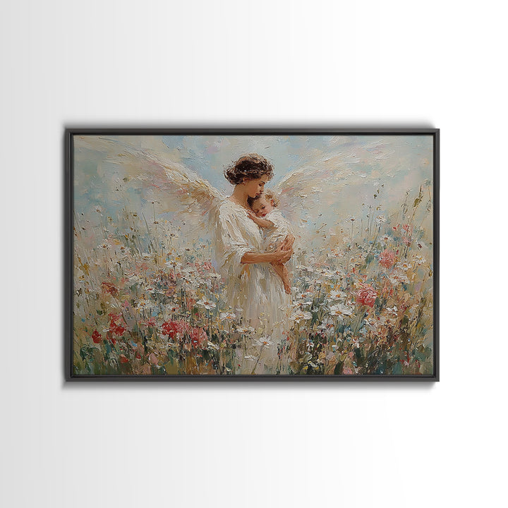 Angel Mother And Baby Wildflower Canvas Print, Christian Wall Art, Floral Nursery Decor, Baptism Gift, Peaceful Home Decor