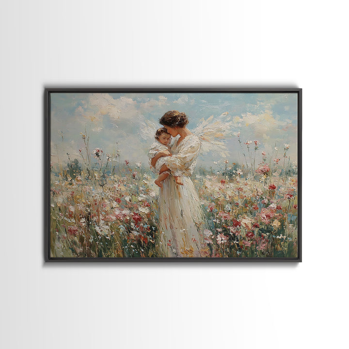 White Angel Holding Child Wall Art, Floral Meadow Canvas, Christian Nursery Decor, Baptism Gift, Guardian Angel Print For Baby Room
