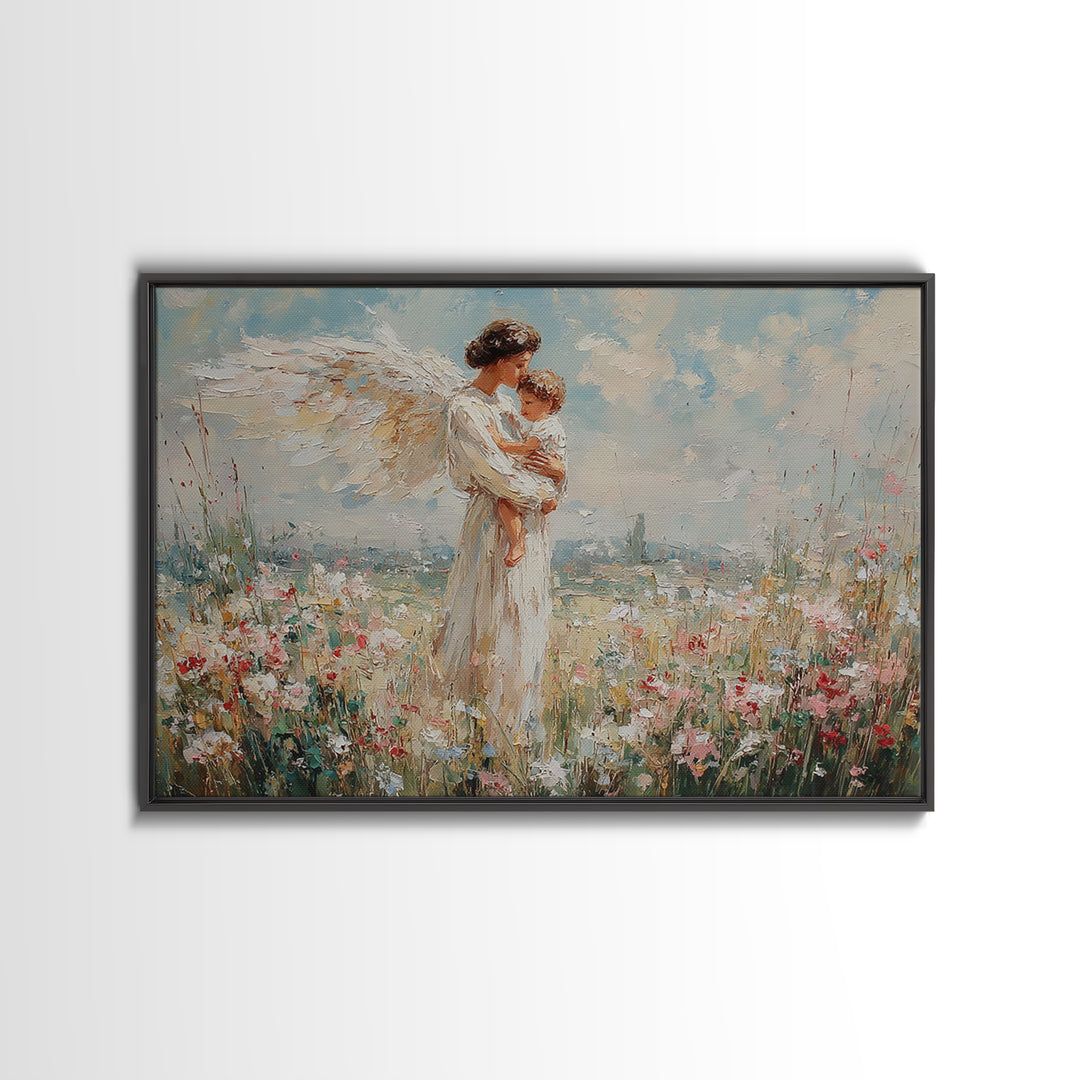 Angel And Child Floral Meadow Framed Canvas Print, Christian Wall Art, Guardian Angel Nursery Decor, Baptism Gift For Mom