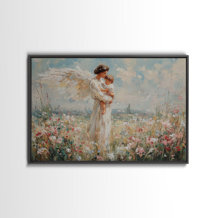 Angel And Child Floral Meadow Framed Canvas Print, Christian Wall Art, Guardian Angel Nursery Decor, Baptism Gift For Mom
