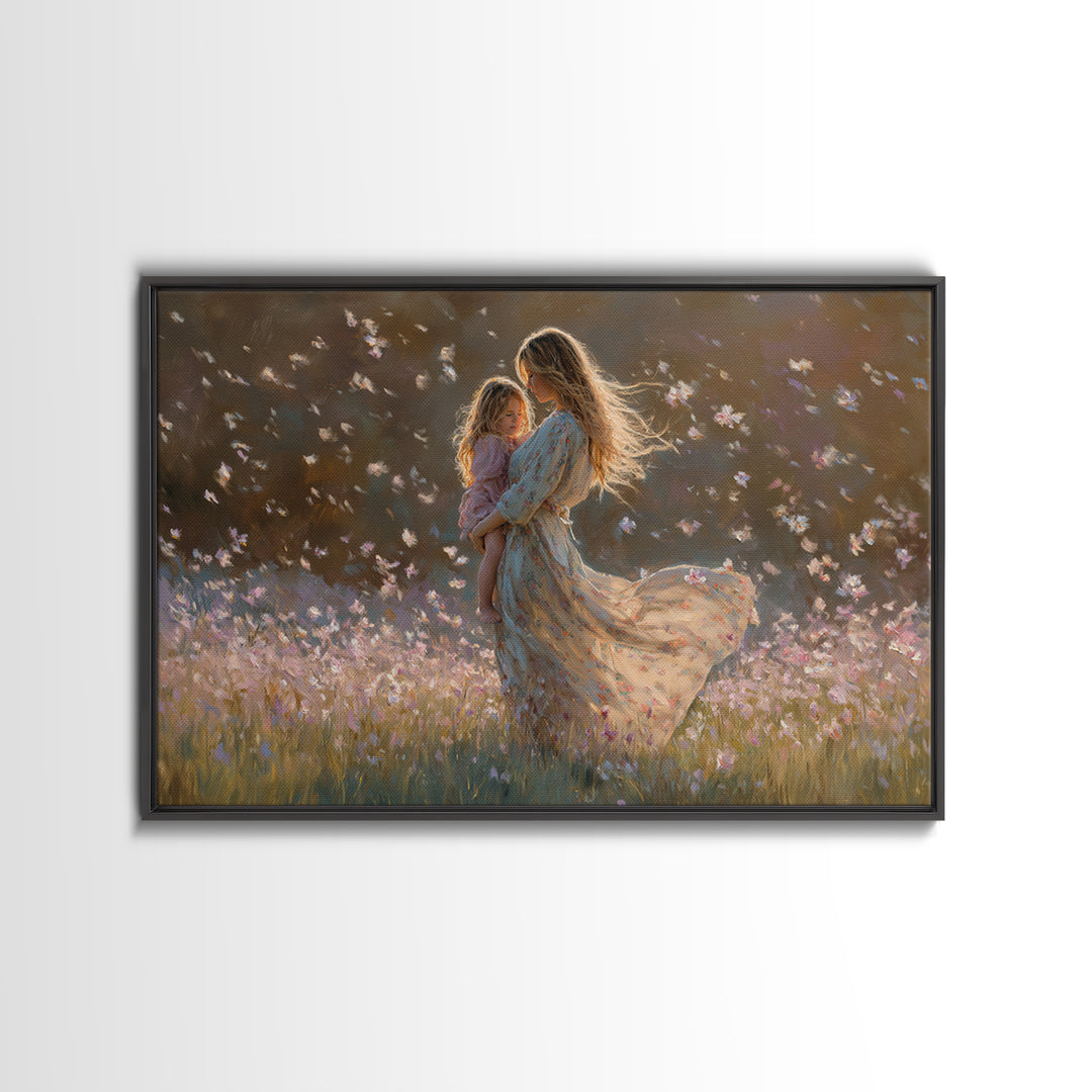 Sunlit Mother And Child Flower Field Canvas Print, Floral Wall Art, Feminine Bedroom Decor, Gift For Mom, Boho Home Decor