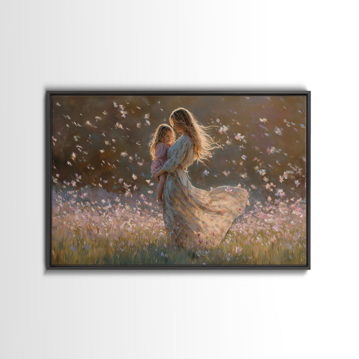 Sunlit Mother And Child Flower Field Canvas Print, Floral Wall Art, Feminine Bedroom Decor, Gift For Mom, Boho Home Decor