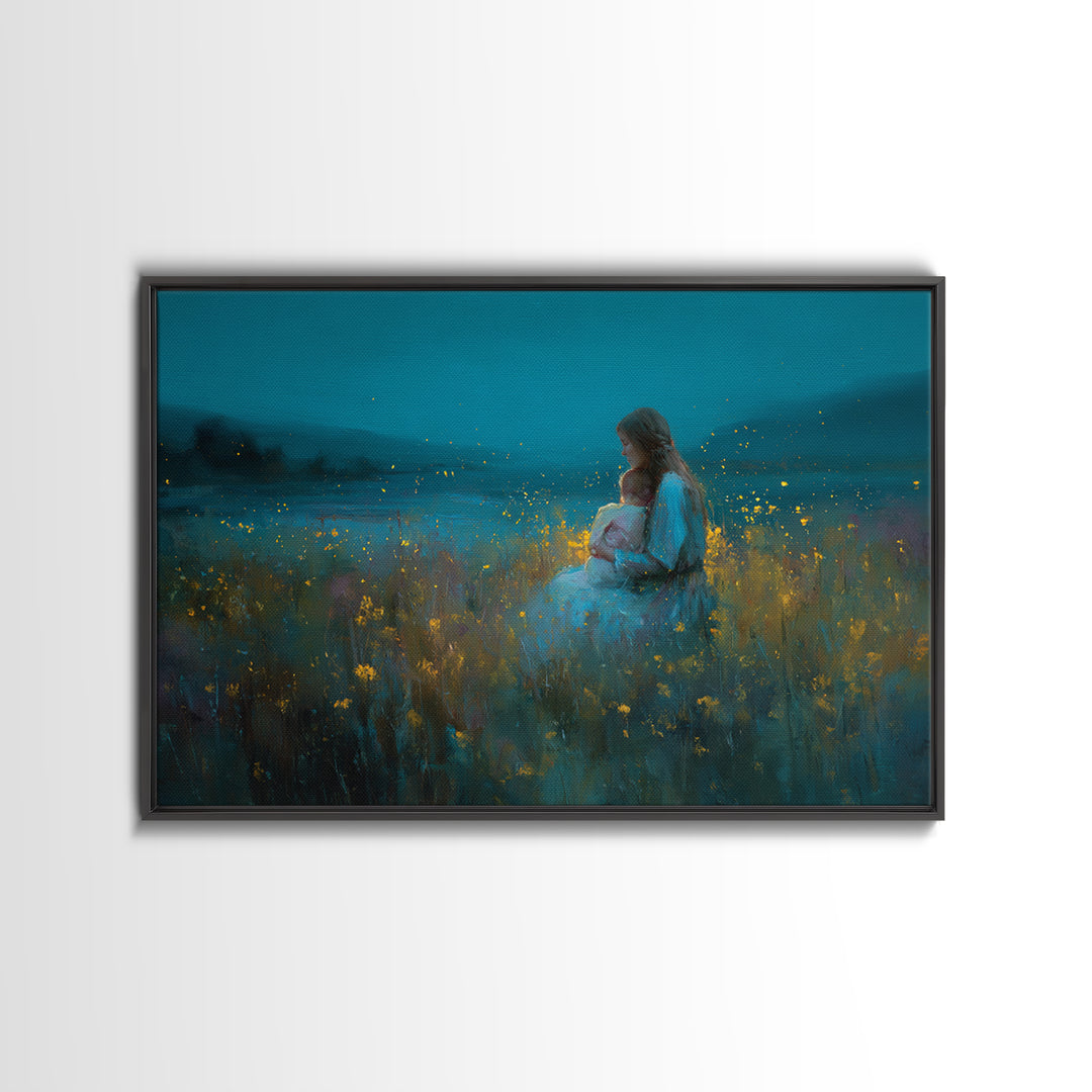 Twilight Mother And Baby In Firefly Meadow Wall Art, Floral Nursery Decor, Motherhood Gift, Living Room Art, Fine Art Print