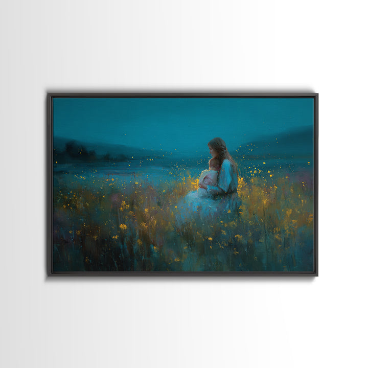 Twilight Mother And Baby In Firefly Meadow Wall Art, Floral Nursery Decor, Motherhood Gift, Living Room Art, Fine Art Print
