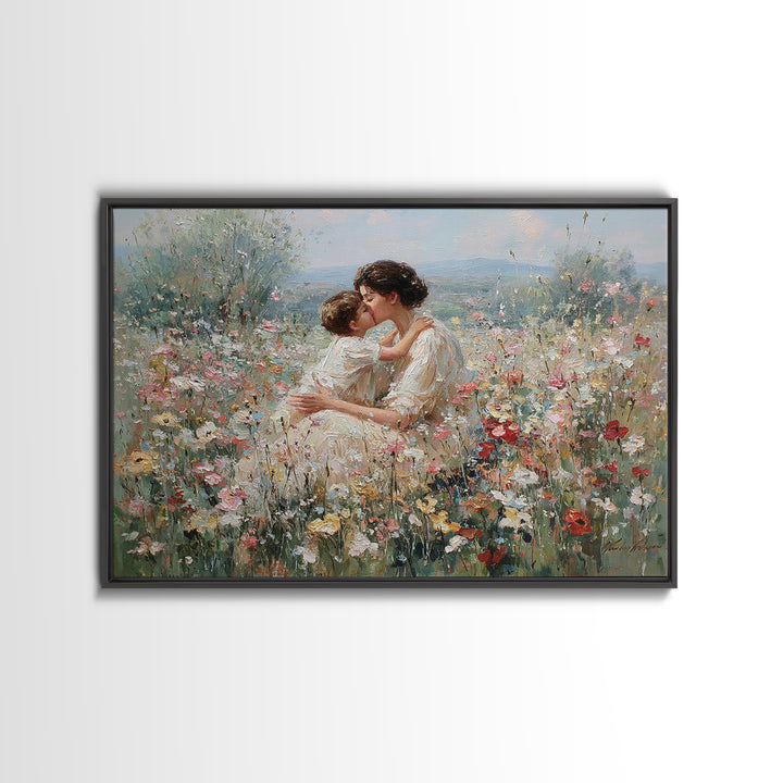 Mother Kissing Child In Romantic Wildflower Field Framed Canvas Print, Floral Wall Art, Feminine Decor, Gift For Her, Nursery Wall Art
