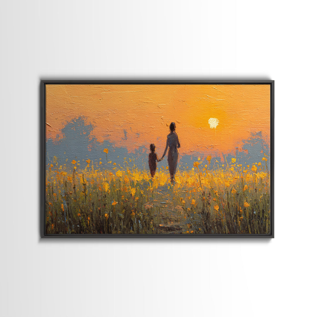 Sunset Silhouette Mother And Child In Yellow Field Wall Art, Warm Landscape Print, Nursery Decor, Above Bed Art, Gift For Her