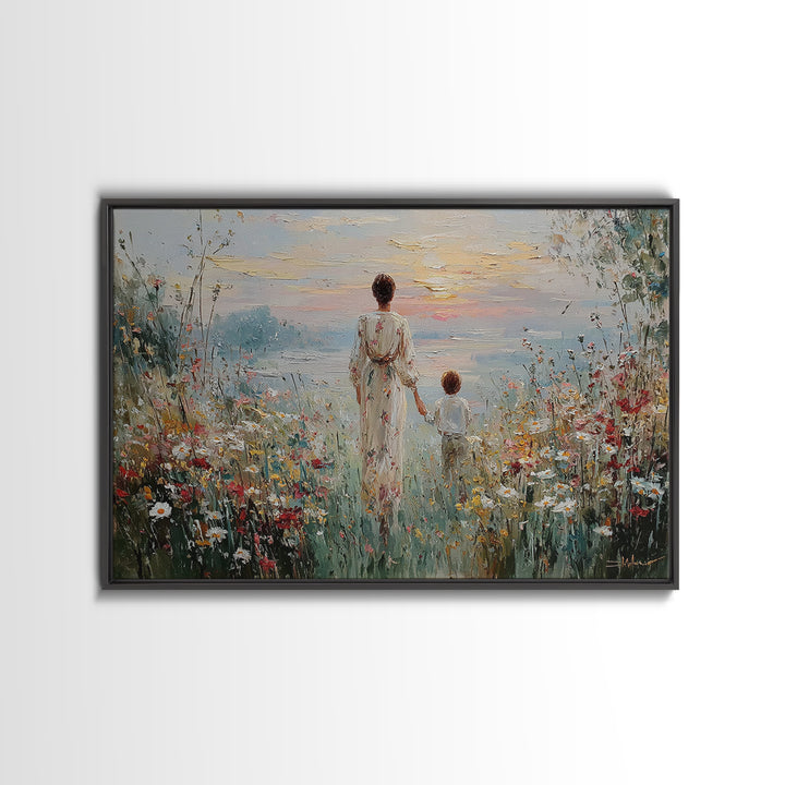 Mother And Child Walking To Lake At Sunset Framed Canvas Print, Wildflower Wall Art, Coastal Decor, Housewarming Gift, Living Room Art