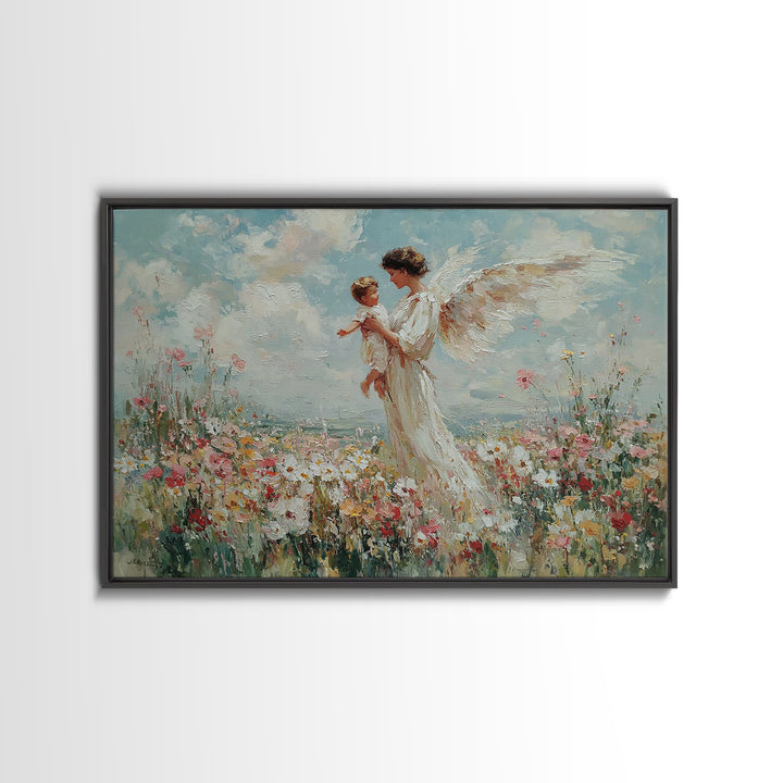 Guardian Angel Holding Child Framed Canvas Print, Heavenly Wildflower Meadow Painting, Christian Wall Art, Nursery Decor Gift