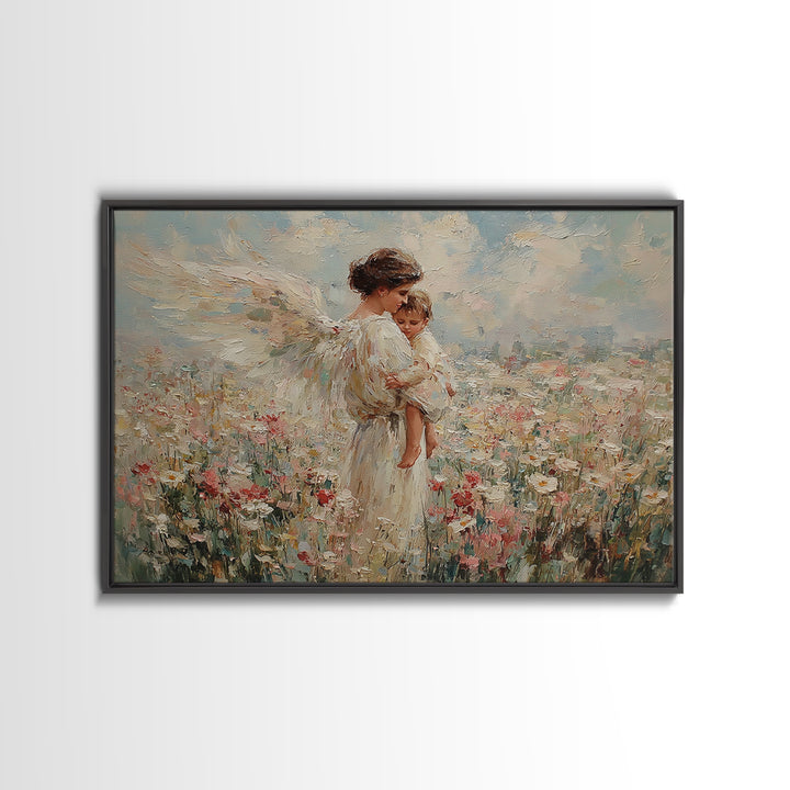 Guardian Angel Mother And Child In Wildflower Meadow Wall Art, Impressionist Oil Painting, Nursery Decor, Gift For Mom, Baby Shower Gift