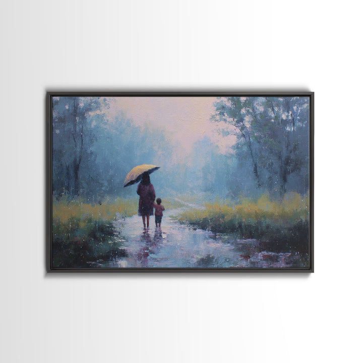 Mother And Child Walking In Rainy Blue Forest Wall Art, Impressionist Landscape Painting, Calming Bedroom Decor, Gift For Her