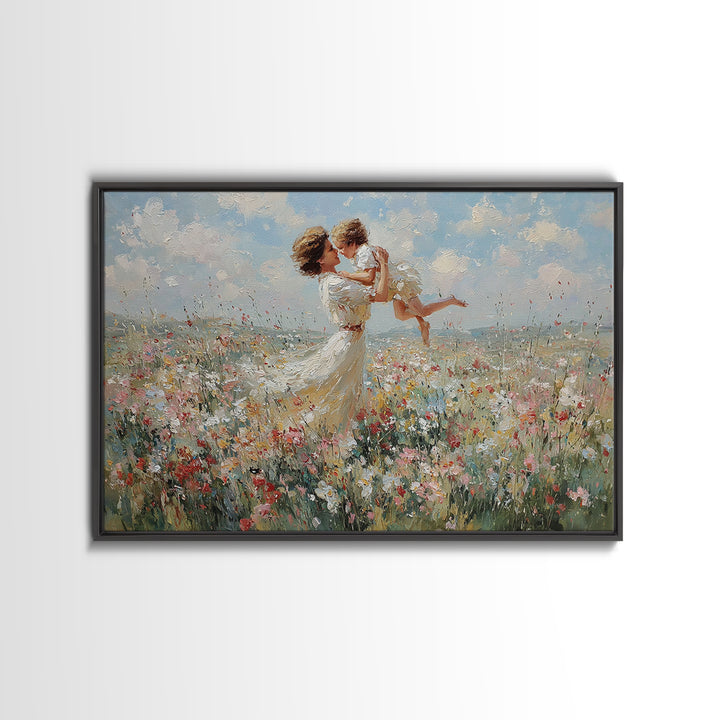 Mother Holding Baby In Breezy White Dress Wall Art, Soft Wildflower Meadow Oil Painting, Feminine Nursery Decor, Gift For Mom
