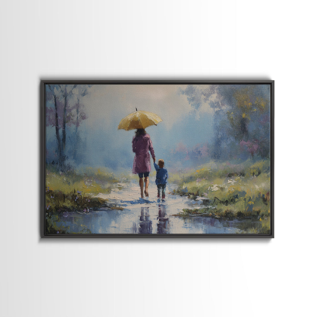 Mother And Child With Yellow Umbrella Rainy Path Canvas Print, Impressionist Landscape Art, Cozy Nursery And Bedroom Decor