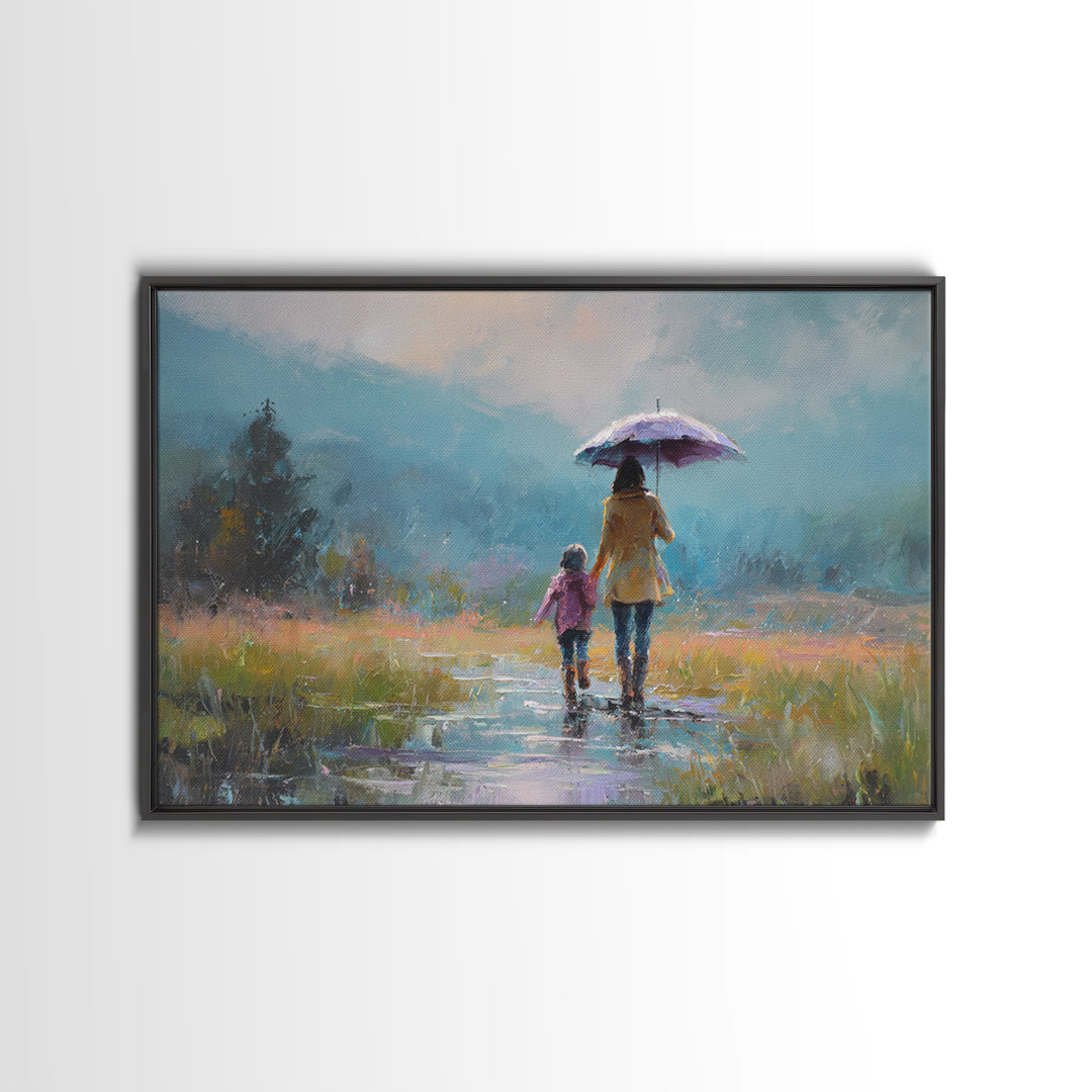 Mother And Child Walking With Umbrella Meadow Wall Art, Misty Mountain Landscape Print, Peaceful Nature Decor, Gift For Mom
