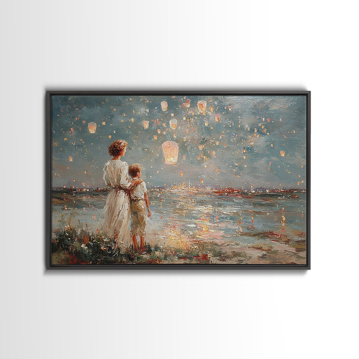 Mother And Son Watching Floating Lanterns Over Water Wall Art, Impressionist Night Lake Print, Romantic Coastal Home Decor