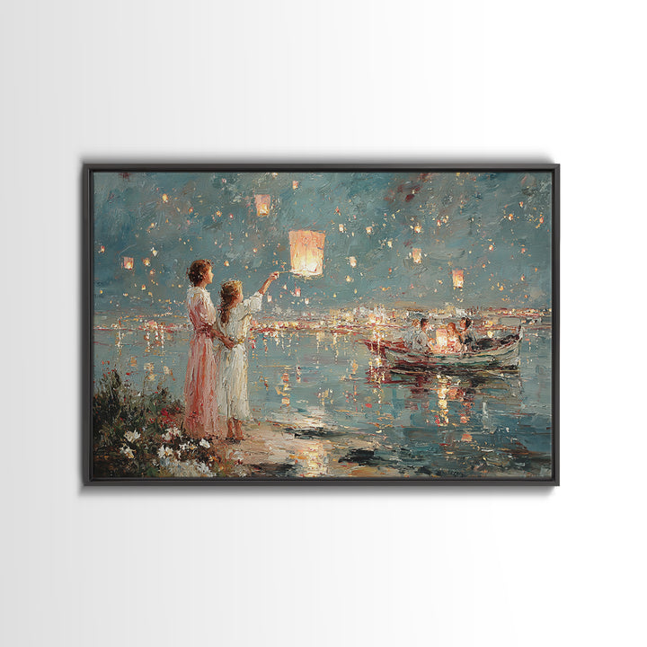 Mother And Daughter Releasing Sky Lanterns By Lake Canvas Print, Impressionist Coastal Night Art, Living Room Wall Decor