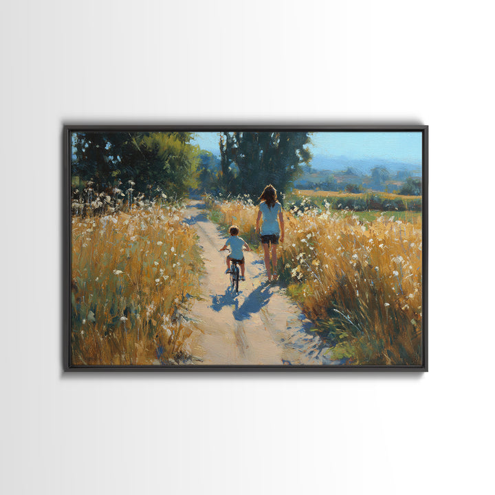 Mother And Child Bicycle Ride On Country Path Canvas Print, Golden Field Wall Art, Farmhouse Decor, Gift For Mom, Rustic Home Decor