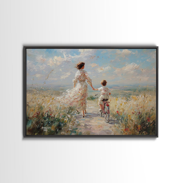 Mother And Child Cycling By Seaside Wildflowers Wall Art, Impressionist Coastal Canvas, Family Gift, Living Room Decor, Housewarming Gift
