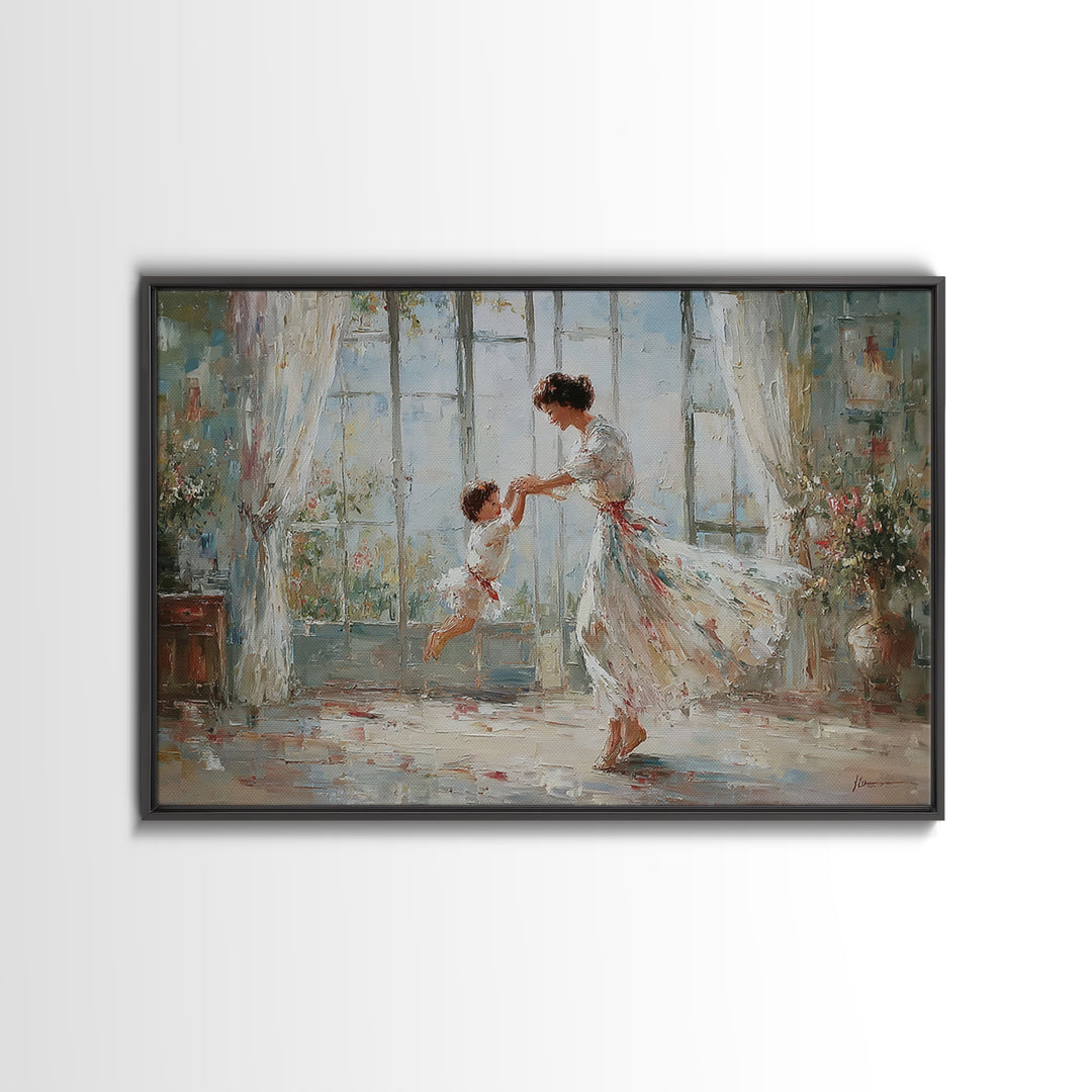 Mother And Child Dancing In Bright Floral Room Wall Art, Impressionist Family Painting, Feminine Decor, Gift For Her, Fine Art