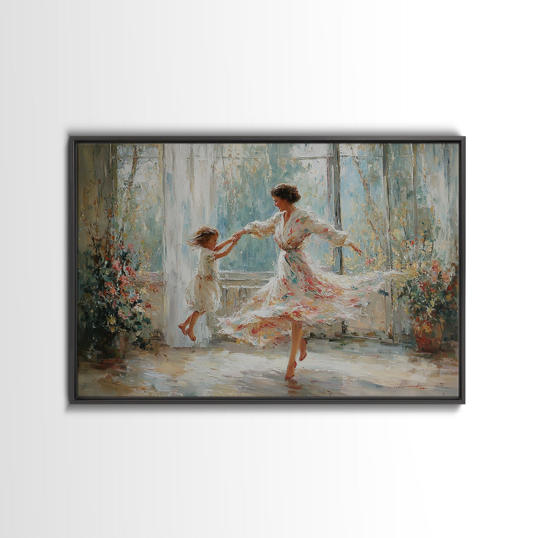 Mother And Daughter Twirling In Sunlit Flower Room Wall Art, Impressionist Family Painting, Feminine Decor, Gift For Mom