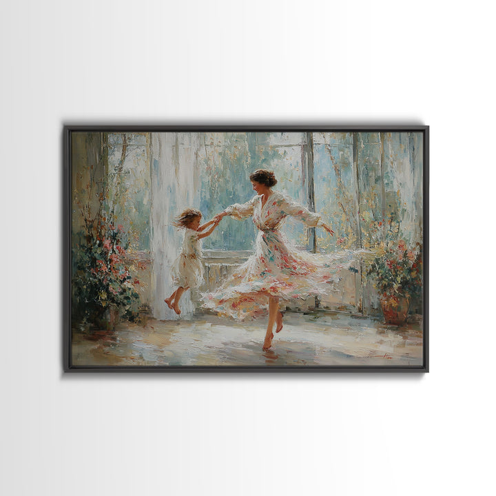 Mother And Daughter Twirling In Sunlit Flower Room Wall Art, Impressionist Family Painting, Feminine Decor, Gift For Mom